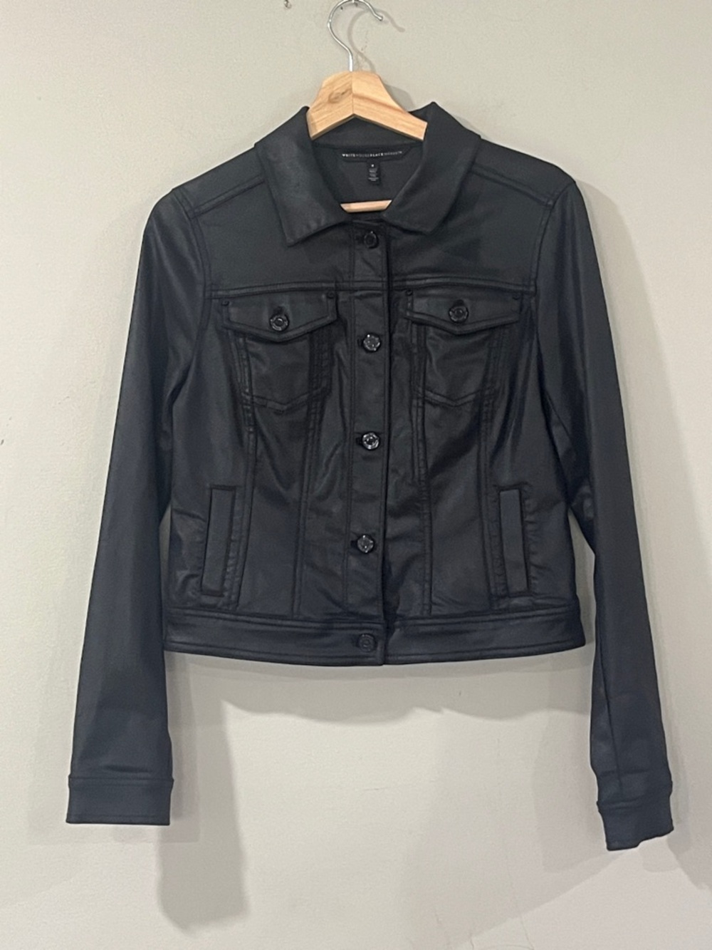 White House Black Market Black Faux Leather Trucker Jacket